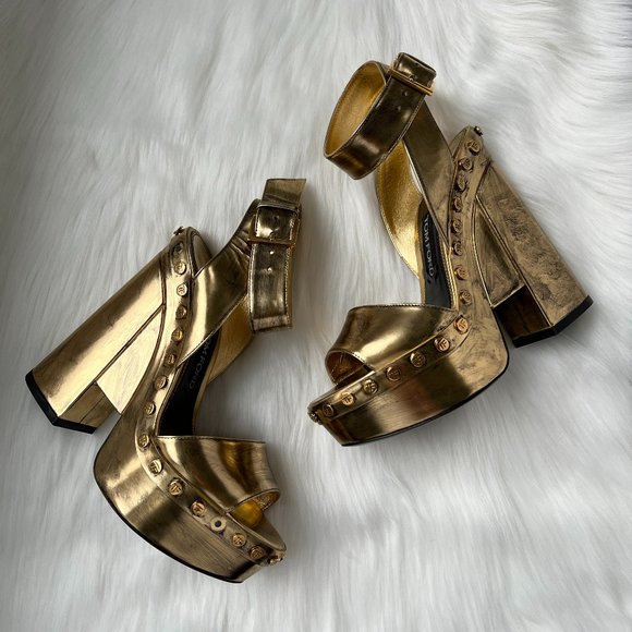 Tom Ford Women's Gold Metallic Ankle-Wrap Plataform Sandal Size 38.5 - Picture 8 of 11